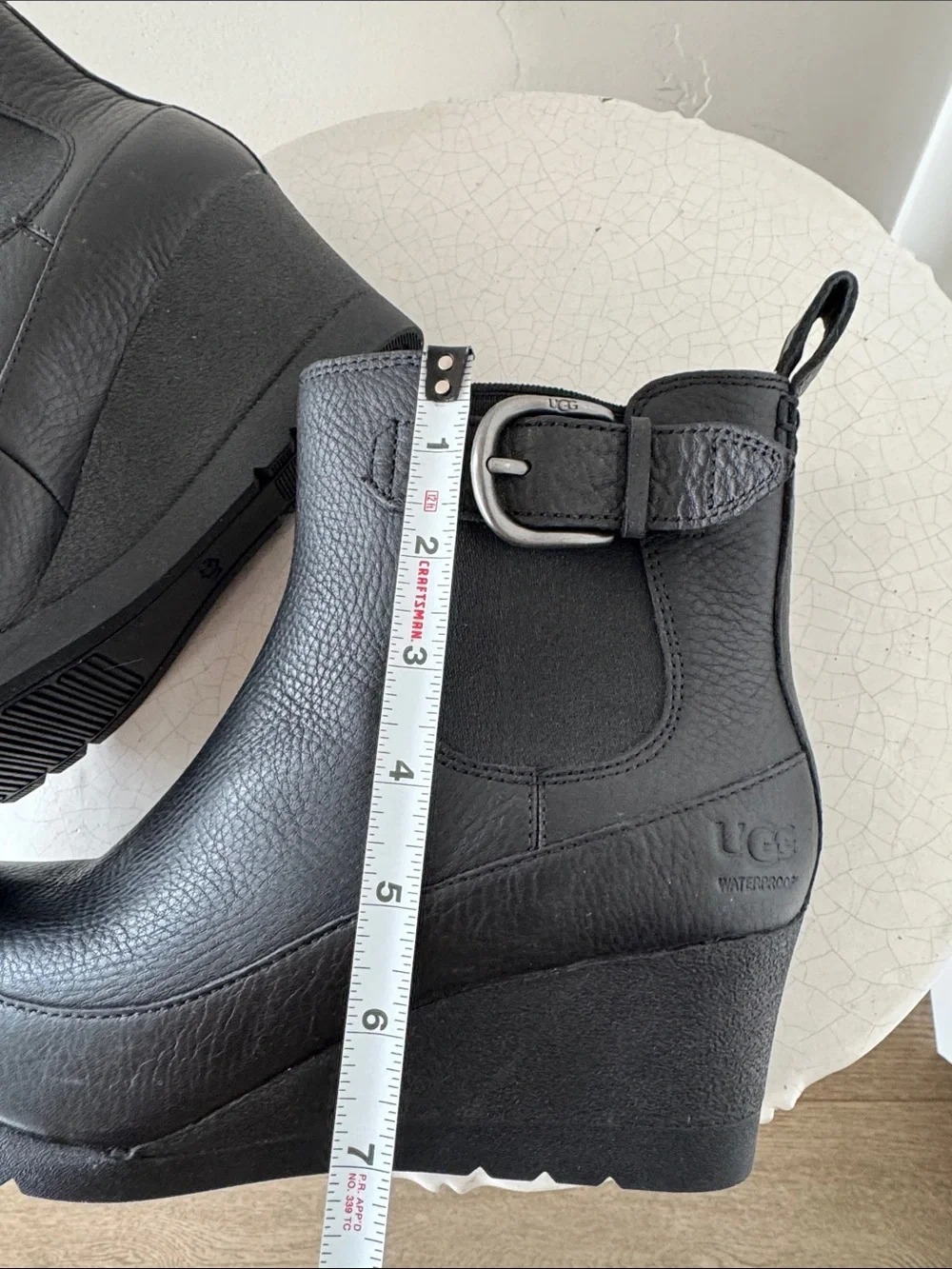UGG ARLETA Black Leather Waterproof Wedge Chelsea Booties with Buckle Size 8.5
